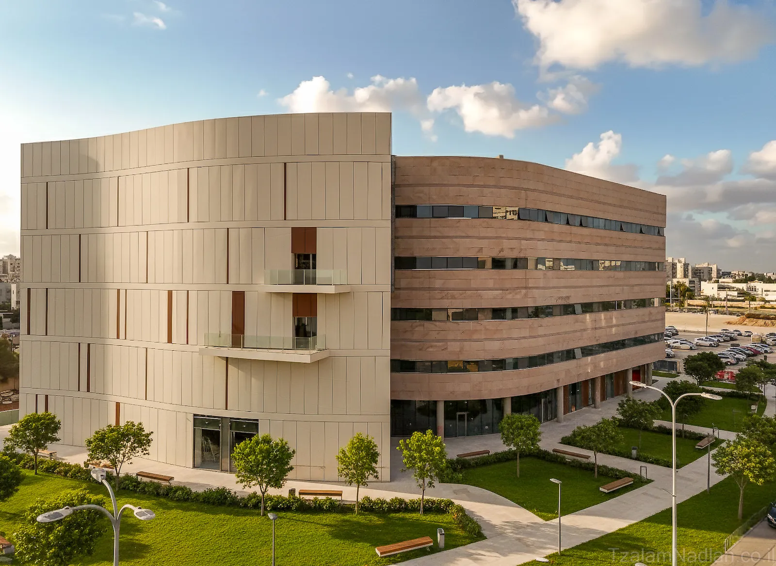 Large commercial building wrapped in aluminum cladding, noncombustible and recyclable at end of life