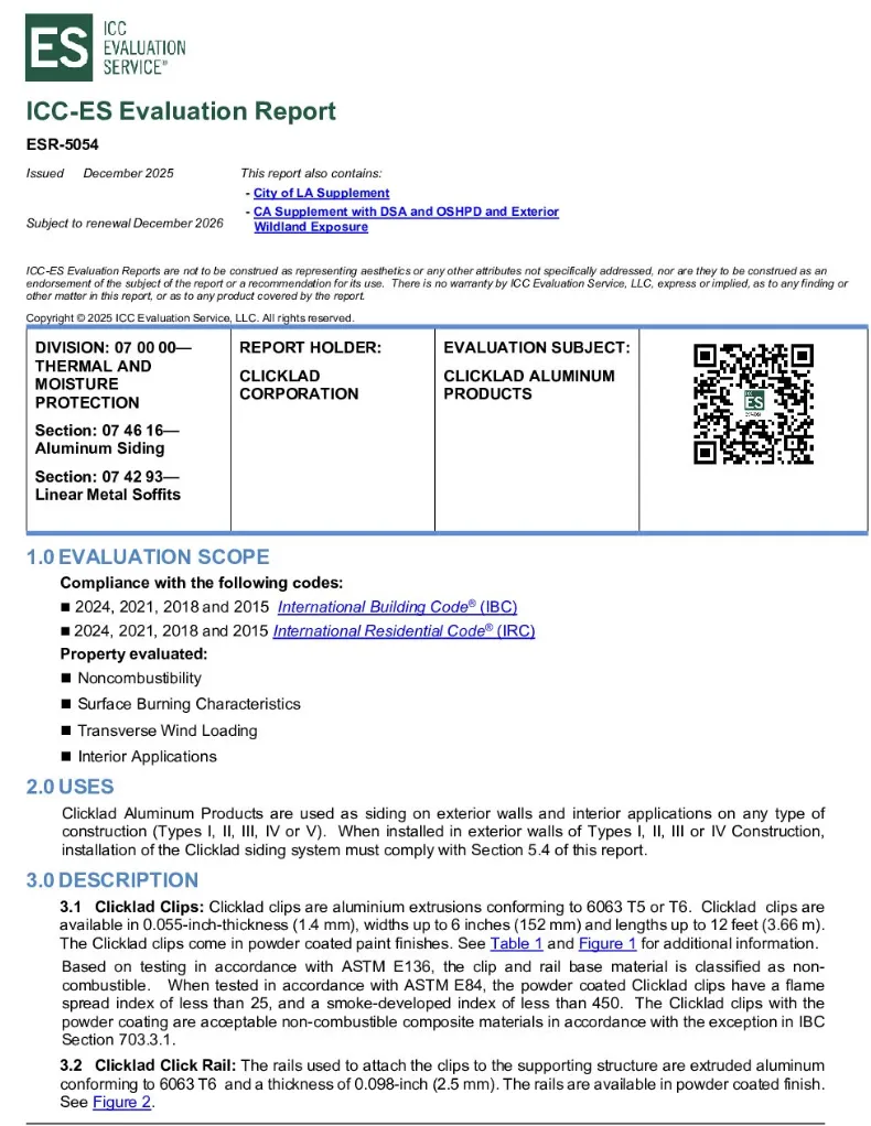 ICC-ES ESR-5054 evaluation report, showing the ASTM E136 and ASTM E84 findings a spec writer reads