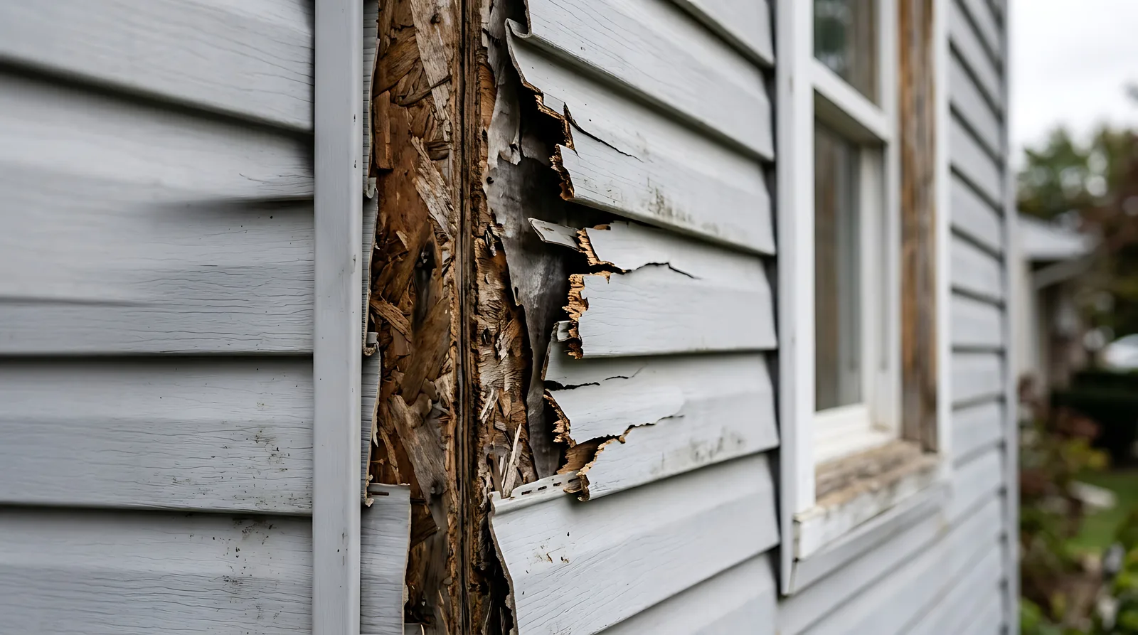 Cracked and broken vinyl lap siding exposing damage behind it, a failure aluminum cladding avoids